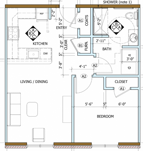 Floor plan for 1 bed, 1 bath, 688 sqft